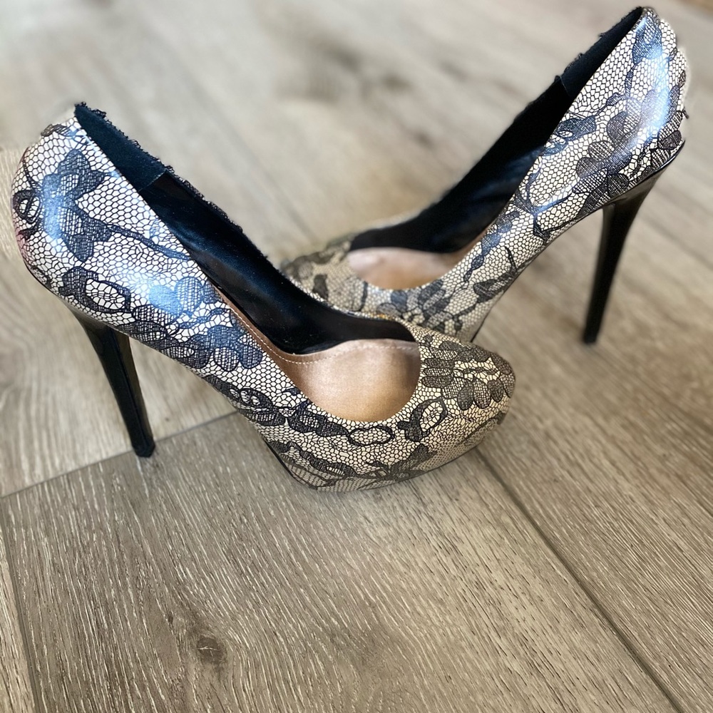 ALDO Beige Black Faux Lace Print Pumps - Picture 6 of 9